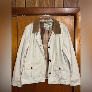 Vintage LL Bean Light Tan Canvas Chore Jacket, with Plaid Lining, men’s Large